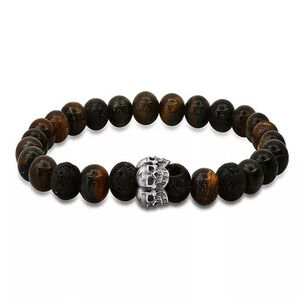 STEELTIME Tiger's Eye & Black Lava Skull Beaded Stretch Bracelet for Men
